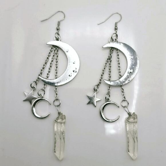 Silver Crescent Moon Clear Crystal Earrings - Picture 2 of 4